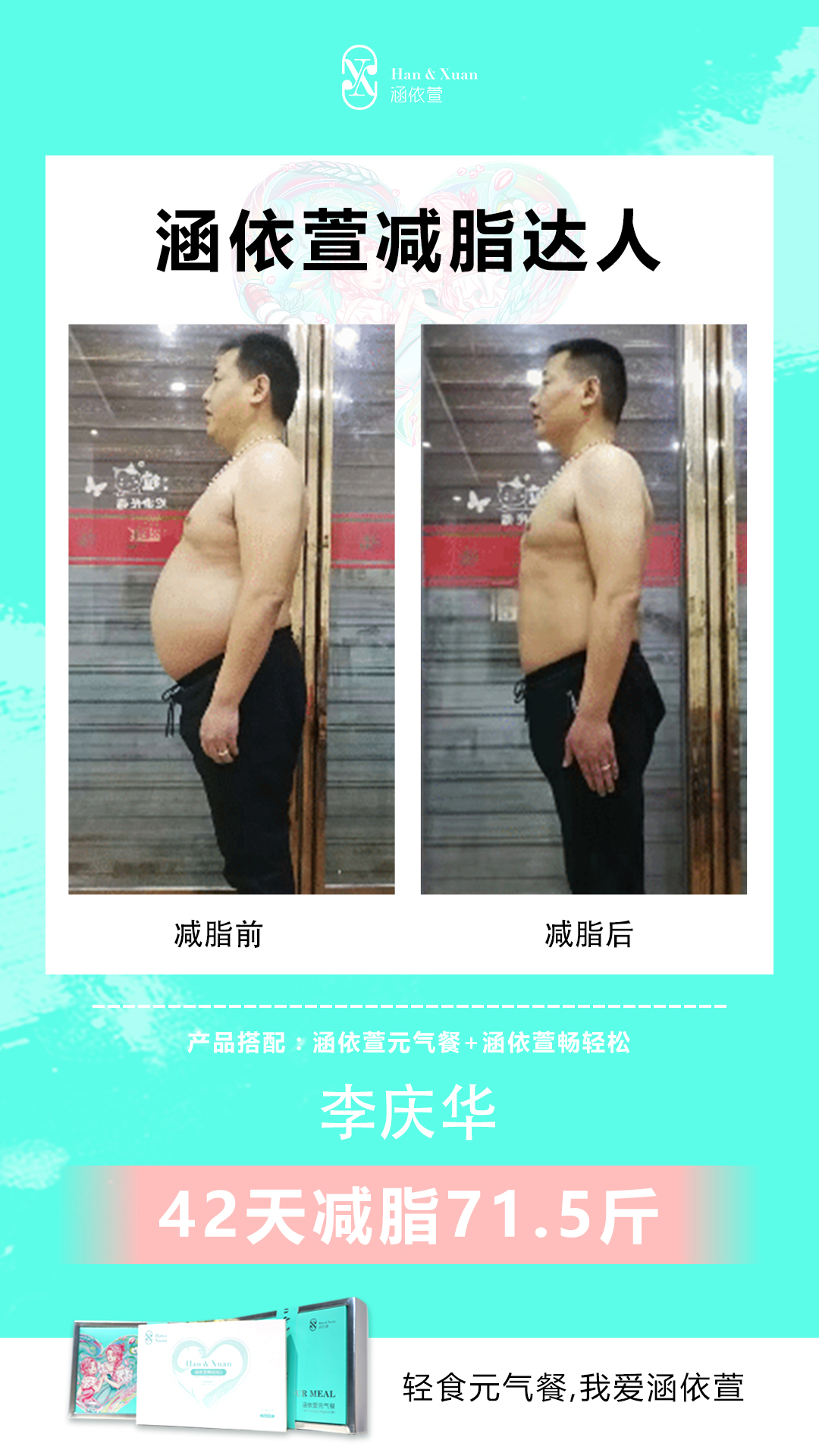 李庆华 使用涵依萱元气餐42天减脂71.5斤